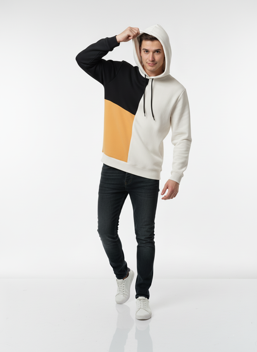 Men's 'Split Panel' Fleece Hoodie | Black, Off White & Mustard