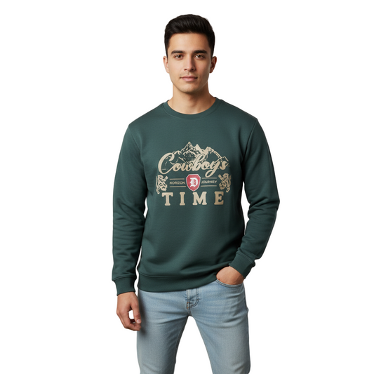Men's 'Cowboys Time' Bottle Green Graphic Fleece Sweatshirt