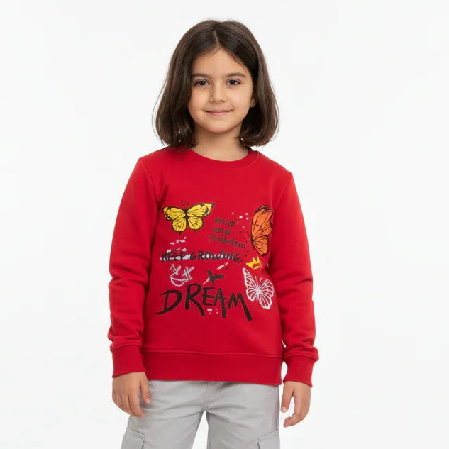 Girls ''RED'' ' Wild and Free Butterfly Print Red Fleece Sweatshirt