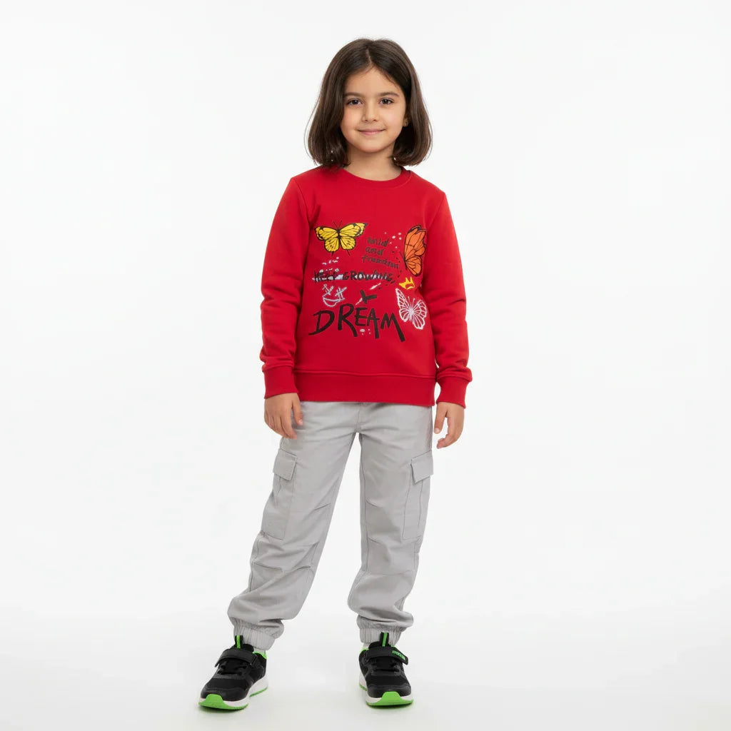 Girls ''RED'' ' Wild and Free Butterfly Print Red Fleece Sweatshirt