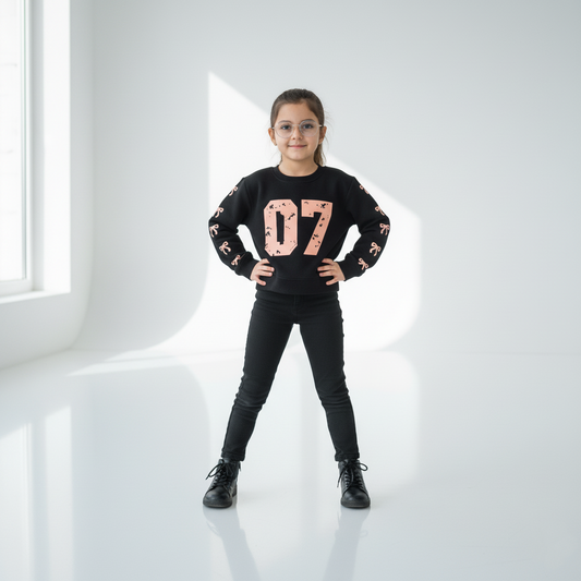 Girls Black “07” Bow Sleeve Sweatshirt – Trendy Casual Winter Top