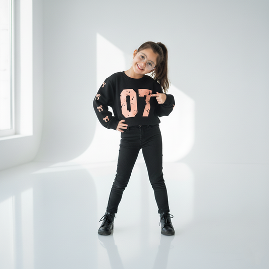 Girls Black “07” Bow Sleeve Sweatshirt – Trendy Casual Winter Top