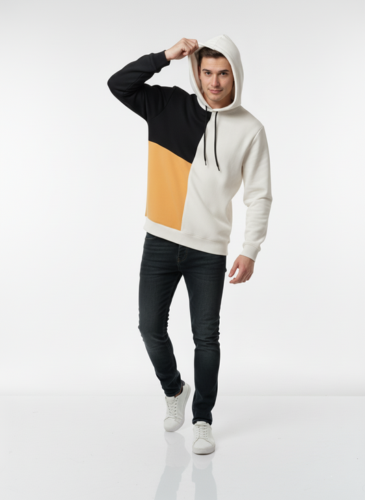 Men's 'Split Panel' Fleece Hoodie | Black, Off White & Mustard