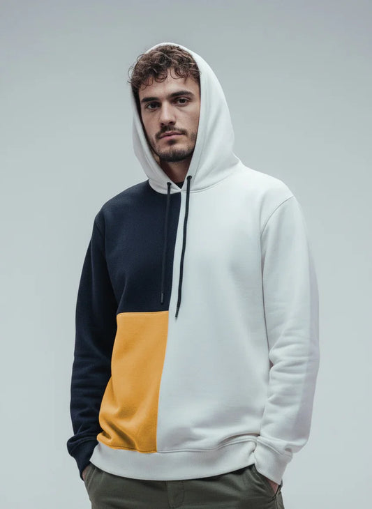 Men's 'Split Panel' Fleece Hoodie | Black, Off White & Mustard
