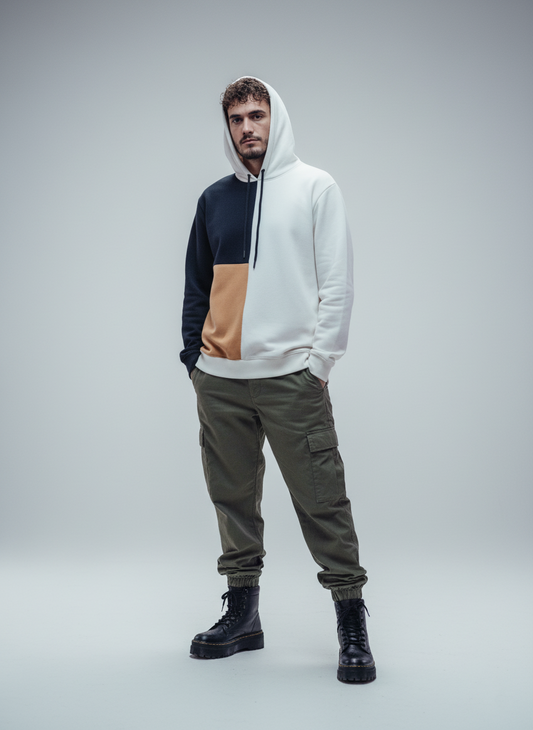 Men's 'Split Panel' Fleece Hoodie | Black, Off White & Mustard