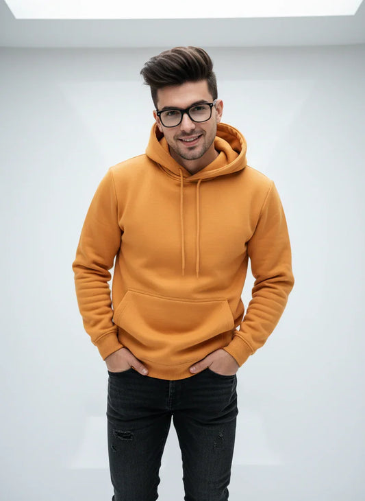 Men’s Mustard Fleece Hoodie – Classic Warm Winter Pullover with Kangaroo Pocket
