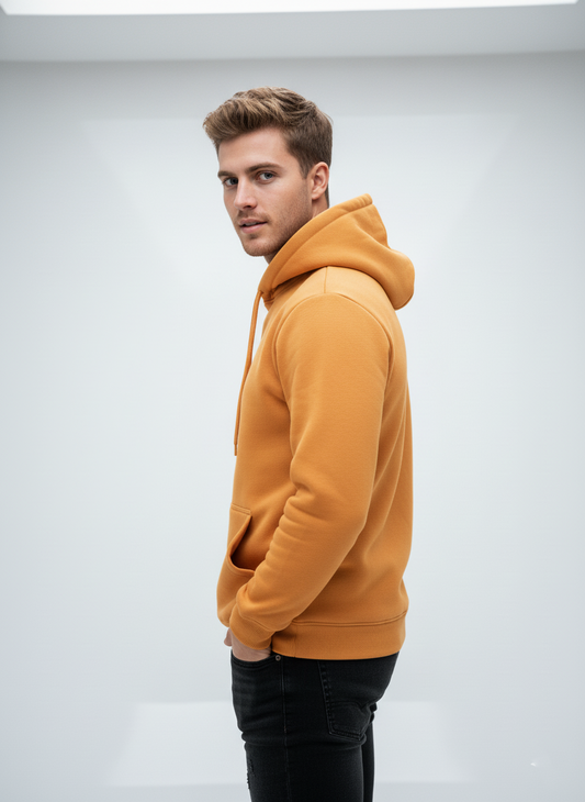 Men’s Mustard Fleece Hoodie – Classic Warm Winter Pullover with Kangaroo Pocket