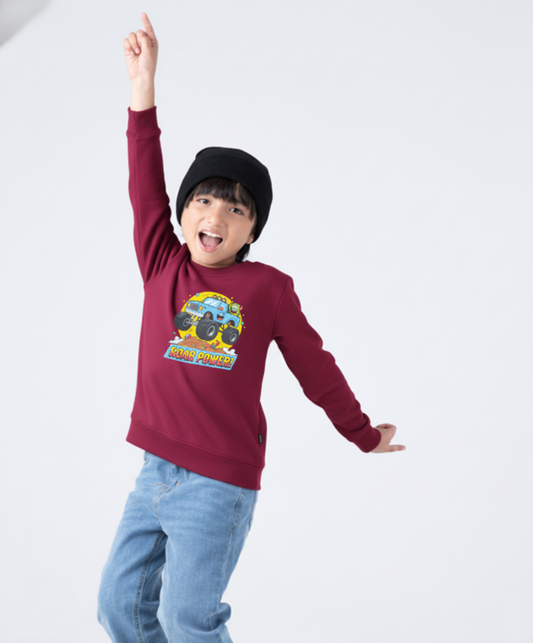 Boys “Roar Power” Monster Truck Sweatshirt – Maroon