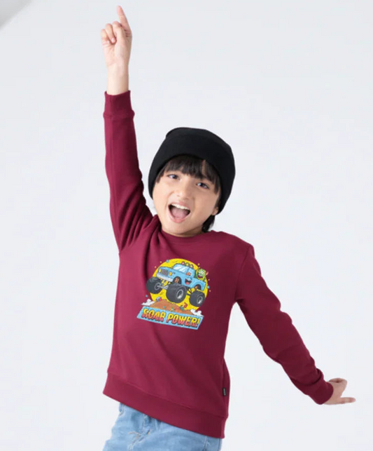 Boys “Roar Power” Monster Truck Sweatshirt – Maroon