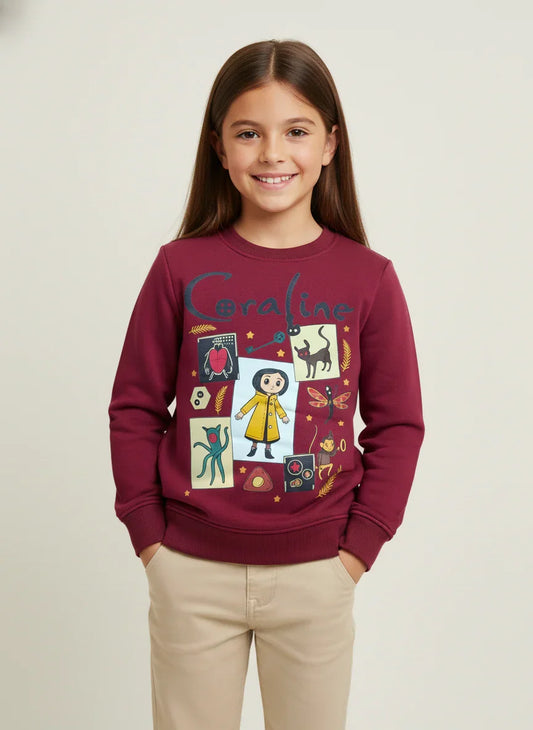Girls Coraline Graphic Sweatshirt - Maroon Fleece Crewneck Pullover