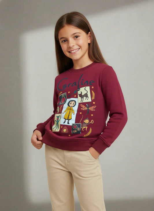 Girls Coraline Graphic Sweatshirt - Maroon Fleece Crewneck Pullover