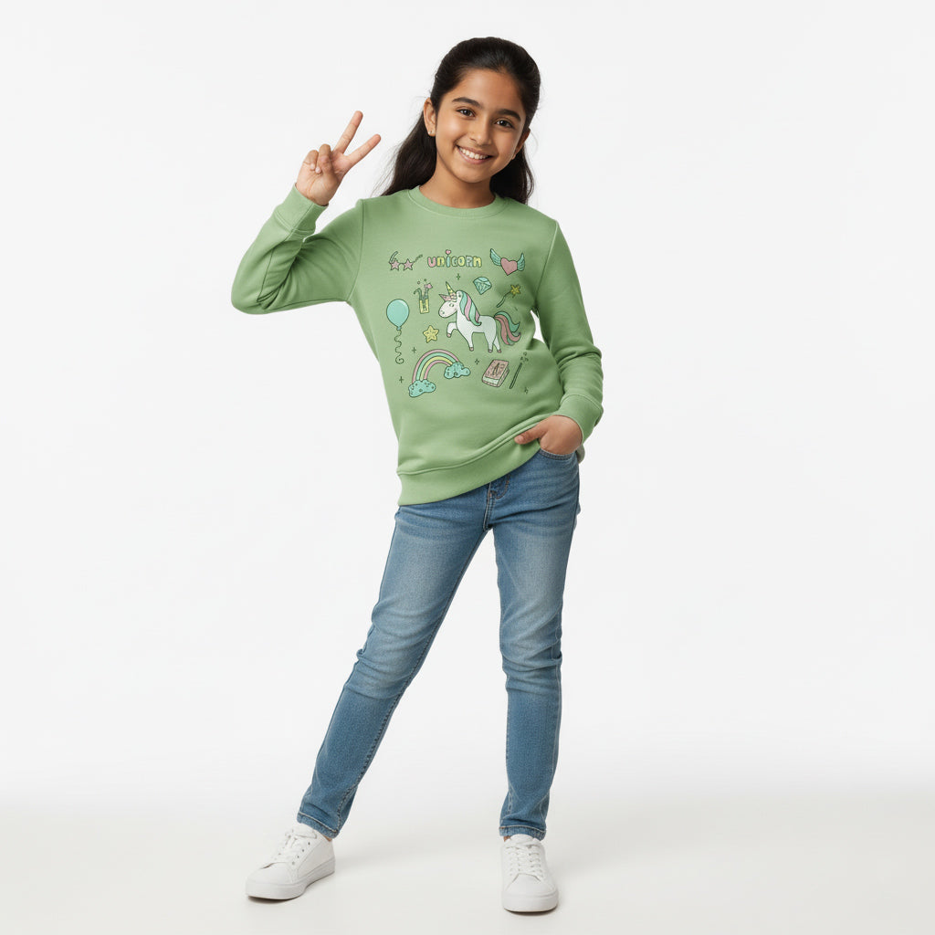 Girls' Sage Green 'Sweatshirt' with Rainbow & Unicorn Print