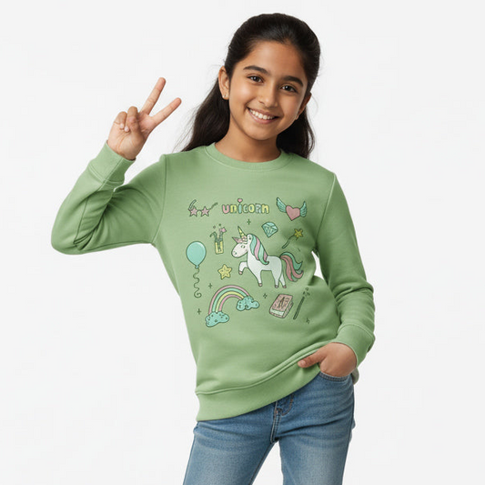 Girls' Sage Green 'Sweatshirt' with Rainbow & Unicorn Print