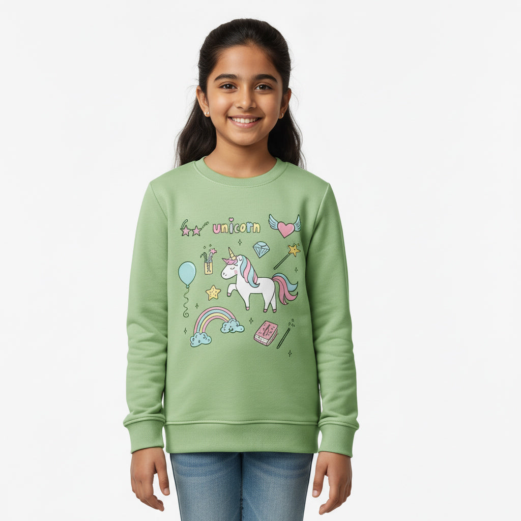 Girls' Sage Green 'Sweatshirt' with Rainbow & Unicorn Print